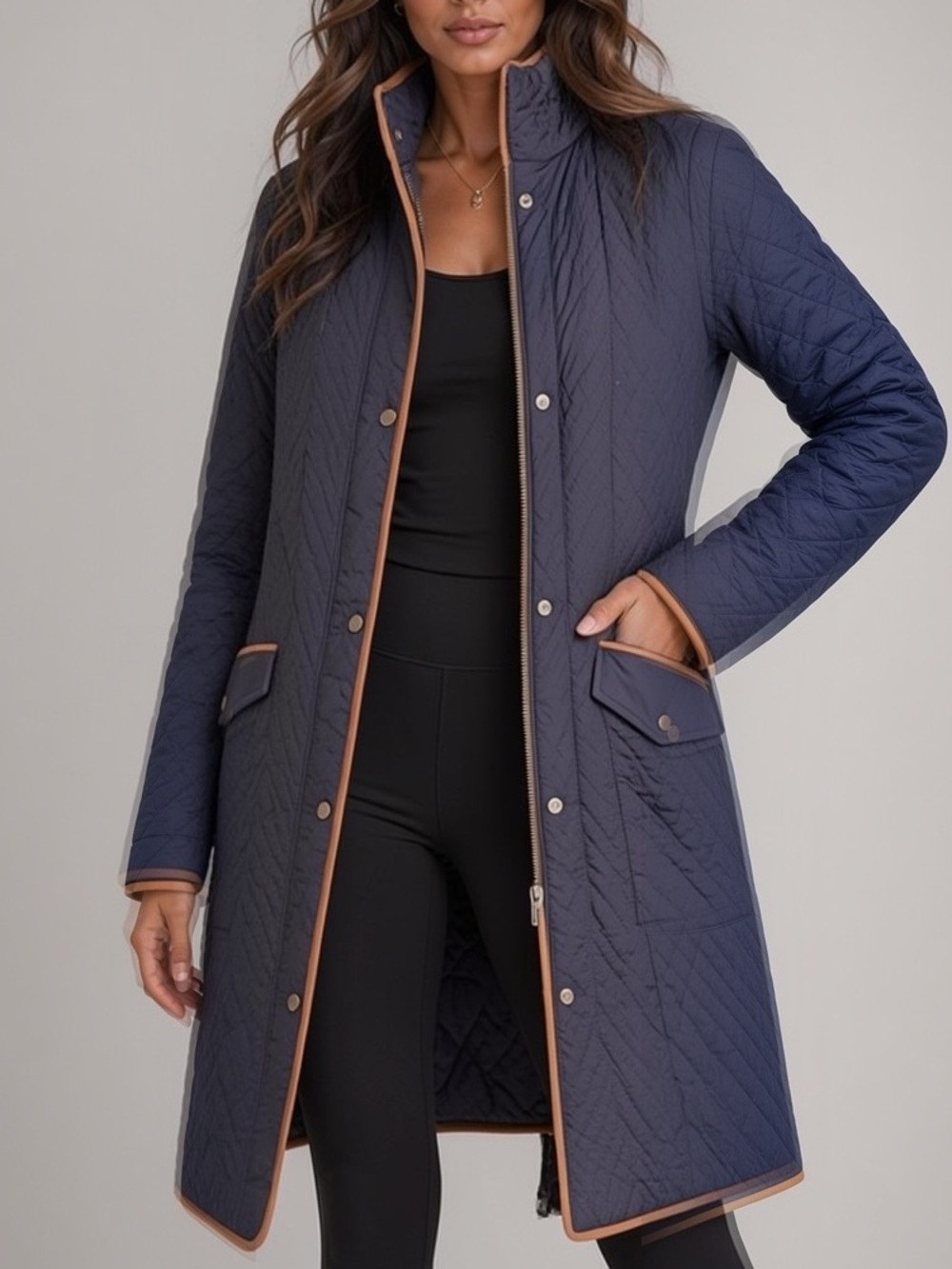 Talbots Navy Quilted Long Puffer Coat with Tan Trim